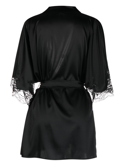 Fleur Of England Lace-trim Silk Robe In Black