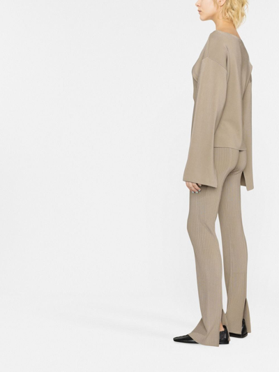 Nanushka Slit-front Ribbed Slim Trousers In Neutrals