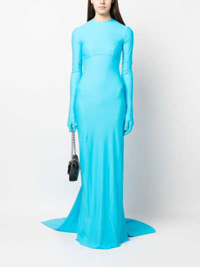 Shop Balenciaga Long-sleeve Fishtail Evening Gown In Blue