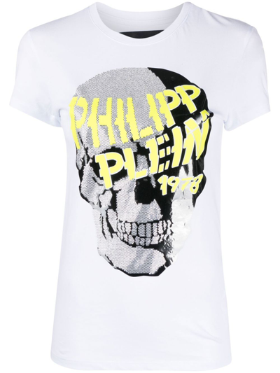 Shop Philipp Plein Skull-strass V-neck T-shirt In White