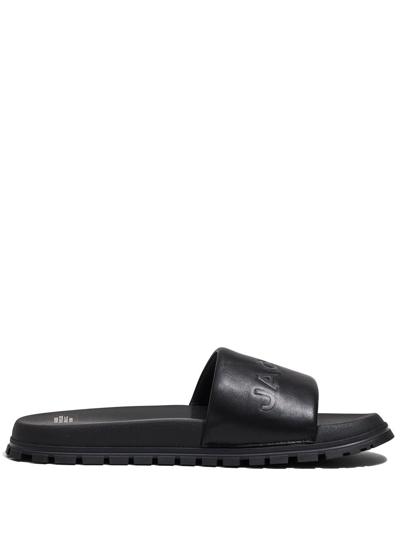 Shop Marc Jacobs The Leather Slide Logo-embossed Slides In Black