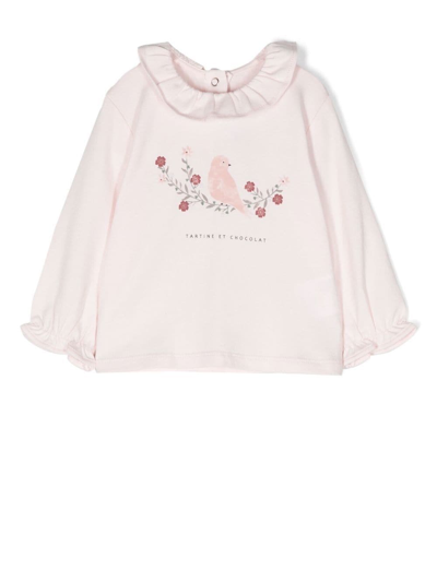 Tartine Et Chocolat Ruffle-collar Graphic-print T-shirt In Pink