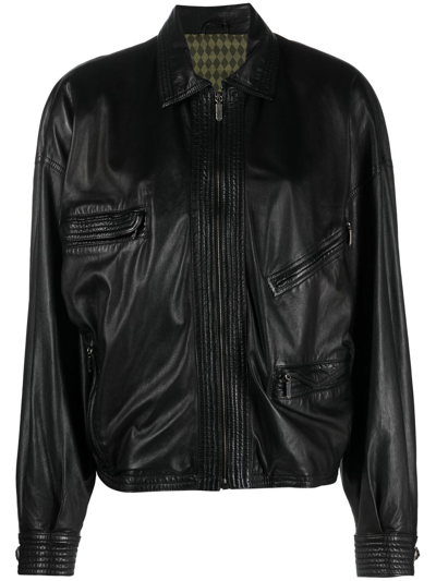 Pre-owned Versace 1990s Aviator Leather Jacket In Black