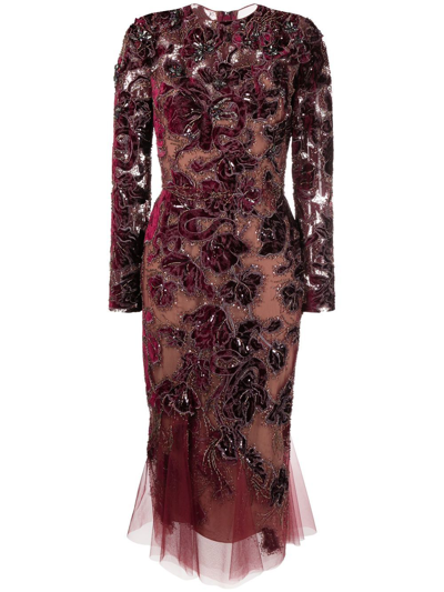 Shop Marchesa Embroidered Sequinned Dress In Red