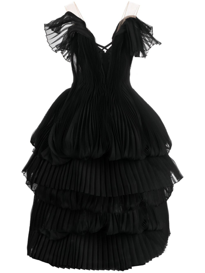 Shop Marchesa Pleated Tiered Gown In Black