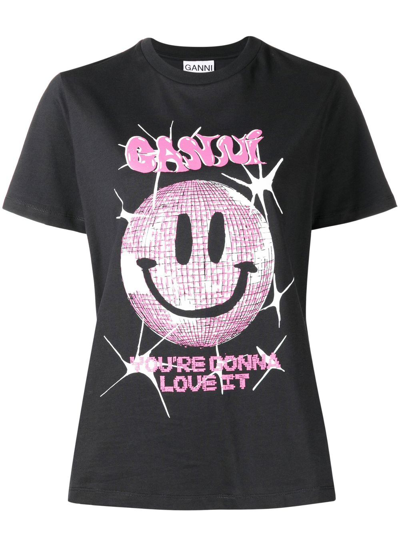 Shop Ganni Basic Smiley T-shirt In Black