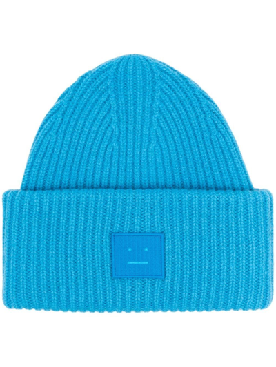 Shop Acne Studios Logo Motif Rib-knit Beanie In Blue