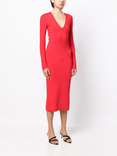 Shop Victoria Beckham Deep V-neck Midi-dress In Red