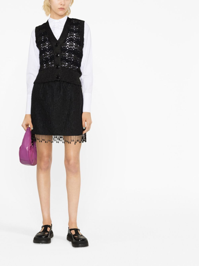 Ganni + Net Sustain Bead-embellished Fringed Recycled-cloqué Mini Skirt In Black
