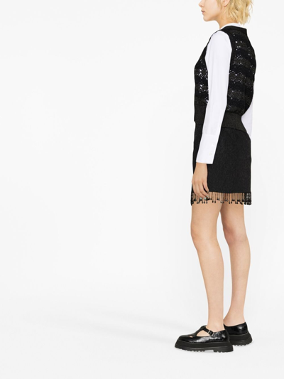 Ganni + Net Sustain Bead-embellished Fringed Recycled-cloqué Mini Skirt In Black