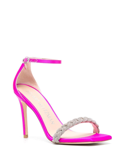 Stuart Weitzman Satin Strappy Sandals With Embellished Ankle Strap In Pink