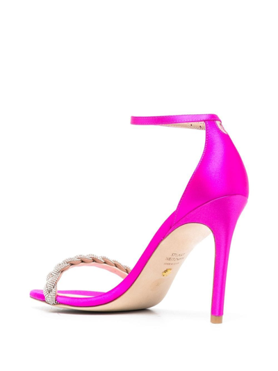 Stuart Weitzman Satin Strappy Sandals With Embellished Ankle Strap In Pink