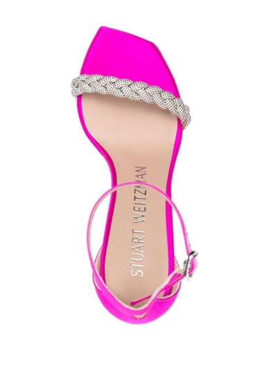 Stuart Weitzman Satin Strappy Sandals With Embellished Ankle Strap In Pink