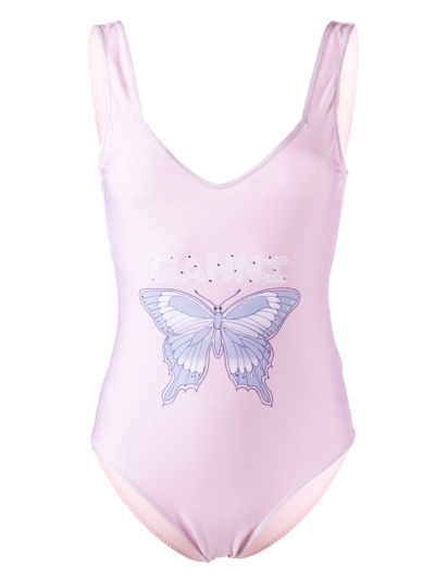 Ganni Graphic Deep Cut One Piece Swimsuit Light Lilac 38 In Pink
