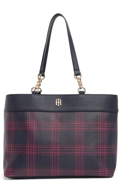 Tommy Hilfiger Camilla Ii Plaid Tote In Navy/dark Cabernet/pink | ModeSens