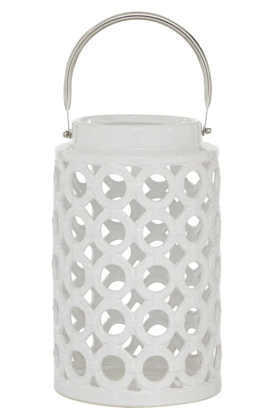 Ginger Birch Studio White Ceramic Circles Pillar Candle Lantern With Cut Out Design In White