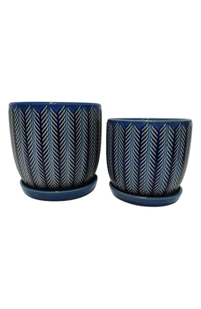 Shop Drew Rose Designs Stacked Chevron Ceramic Planter & Saucer In Blue