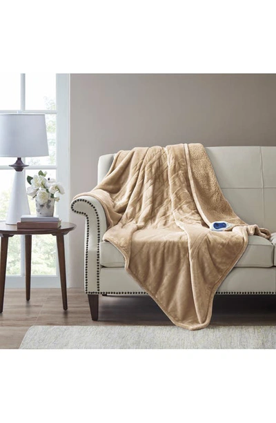 Beautyrest Oversized Solid Microlight Reverses To Micro Berber Electric Throw Bedding In Beige