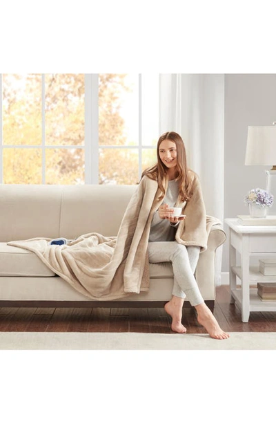 Beautyrest Oversized Solid Microlight Reverses To Micro Berber Electric Throw Bedding In Beige