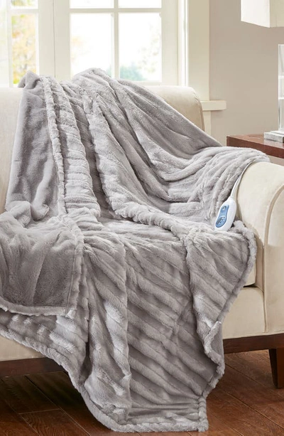 Beautyrest Faux Fur Heated Throw Blanket In Grey