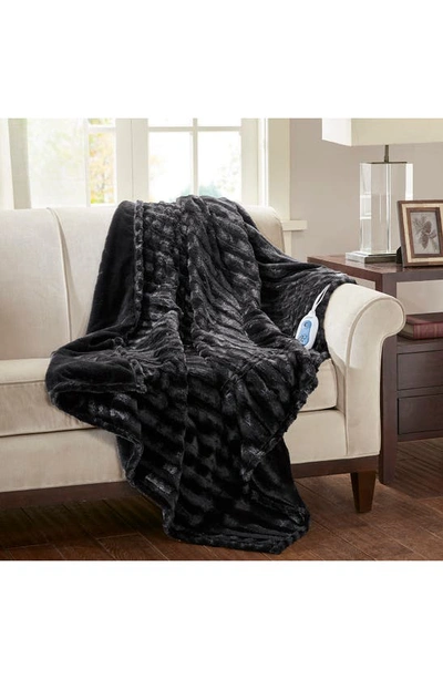 Beautyrest Faux Fur Heated Throw Blanket In Black