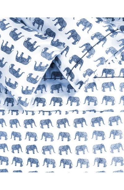 Melange Pink Elephant Print 400 Tc Cotton 3-piece Sheet Set In True Navy