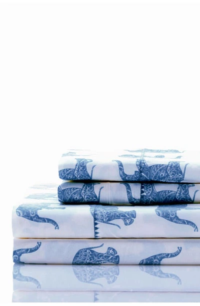 Melange Pink Elephant Print 400 Tc Cotton 3-piece Sheet Set In True Navy