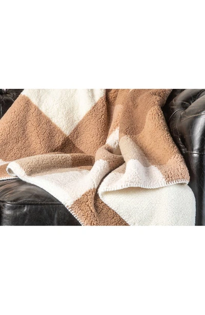 Luxe Faux Shearling Throw Blanket In Taupe Plaid Combo
