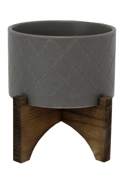 Flora Bunda 5in Argyle Ceramic Planter On Wood Stand In Matte Gray