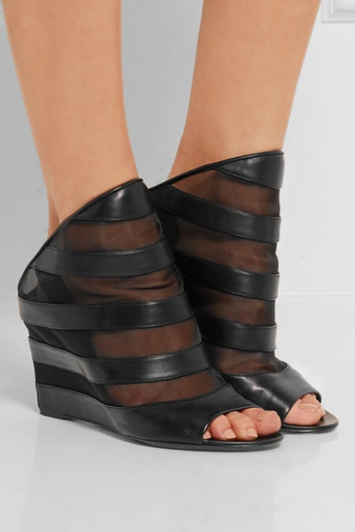 Shop Balenciaga Prism Leather And Mesh Wedge Sandals