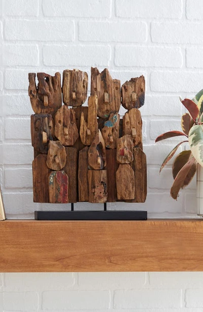 Shop Willow Row Brown Teakwood Handmade Carved Abstract Sculpture With Faces