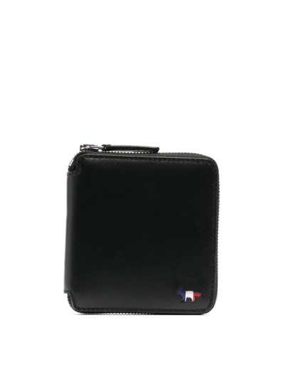 Shop Maison Kitsuné Black Tricolour Fox Zip-around Leather Wallet