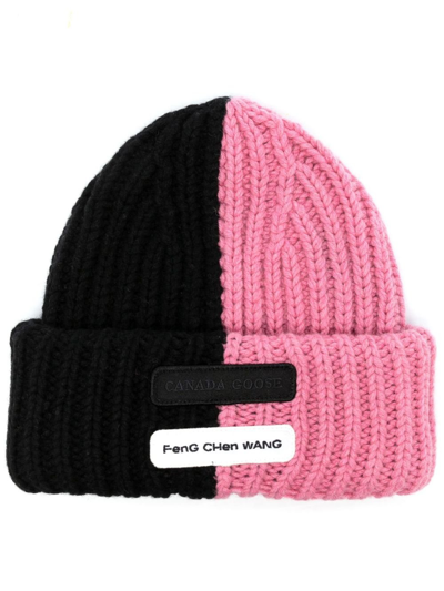 Shop Canada Goose X Feng Chen Wang Black And Pink Logo Patch Beanie Hat