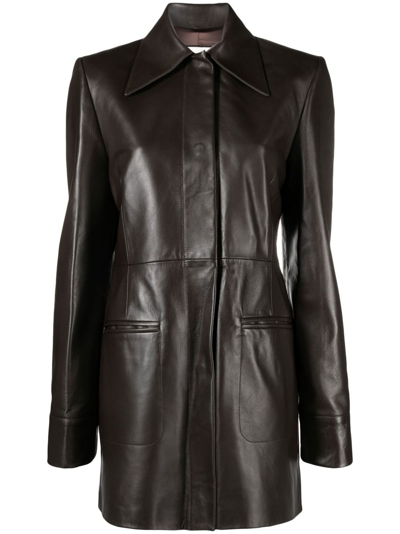 Shop Elleme Collar Straigbrown Leather Midi Jacket In Brown