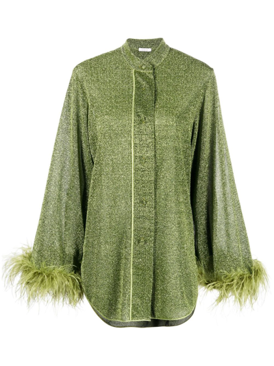 Shop Oseree Green Lumière Feather-trim Shirt