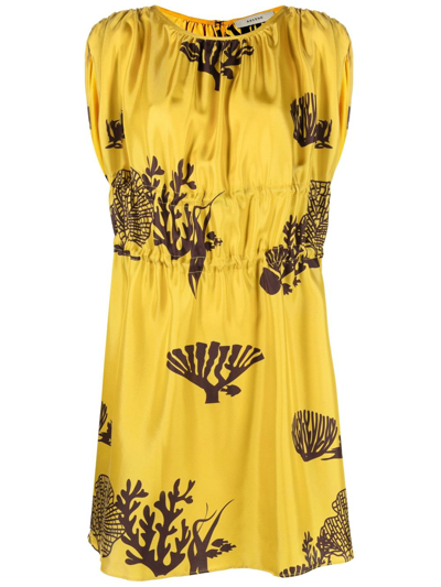 Shop Asceno Yellow Mata Printed Silk Mini Dress