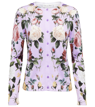 Shop Oscar De La Renta Floral Cotton-blend Cardigan In Lavender Multi
