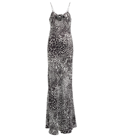 Rodarte Black And White Zebra Printed Silk Jacquard Bias Gown Length Slip With Silk Flower Detail In Black