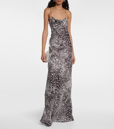 Rodarte Black And White Zebra Printed Silk Jacquard Bias Gown Length Slip With Silk Flower Detail In Black