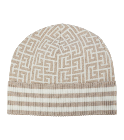 Shop Balmain Monogram Wool-blend Beanie In Glt Naturel/ivoire/or