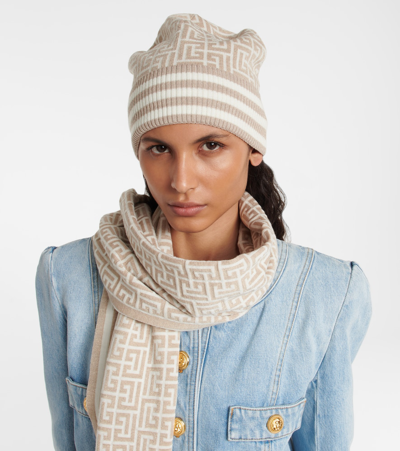 Shop Balmain Monogram Wool-blend Beanie In Glt Naturel/ivoire/or