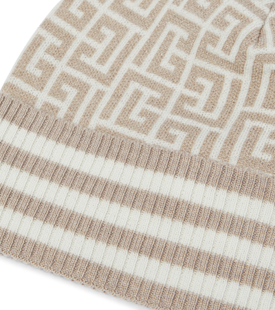 Balmain Metallic Monogrammed Wool-blend Beanie In Glt Naturel/ivoire/or