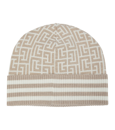 Shop Balmain Monogram Wool-blend Beanie In Glt Naturel/ivoire/or