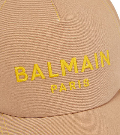 Shop Balmain Logo Cotton Baseball Cap In Weg Taupe/jaune