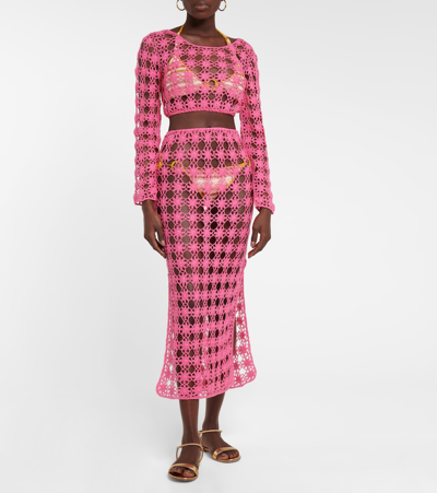 Shop Anna Kosturova Rosette Crochet Cotton Maxi Skirt In Pink