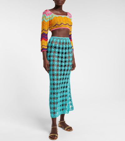 Shop Anna Kosturova Rosette Crochet Cotton Maxi Skirt In Turquoise