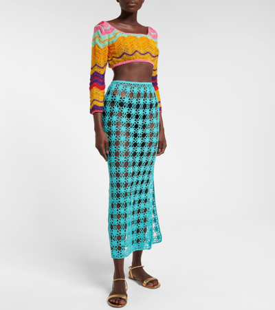 Anna Kosturova Rosette Crochet Cotton Maxi Skirt In Turquoise