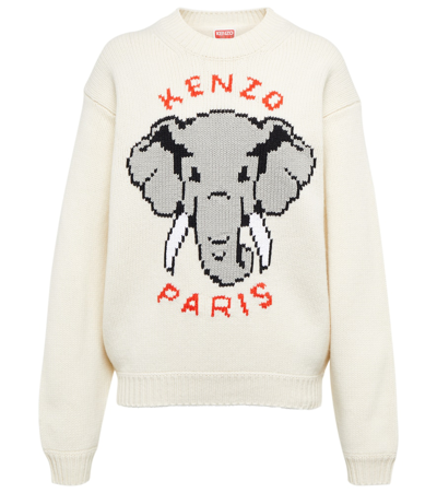 Shop Kenzo Jacquard Wool-blend Sweater In Off White