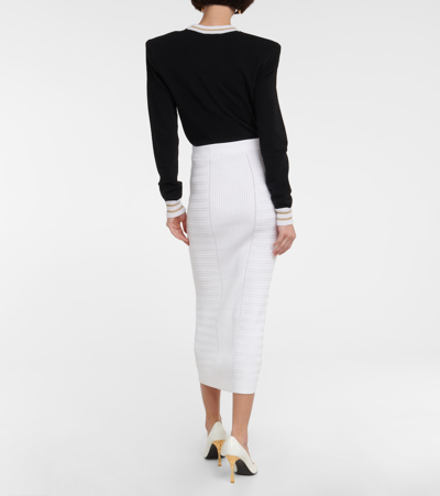 Shop Balmain Embellished Knit Midi Skirt In Blanc