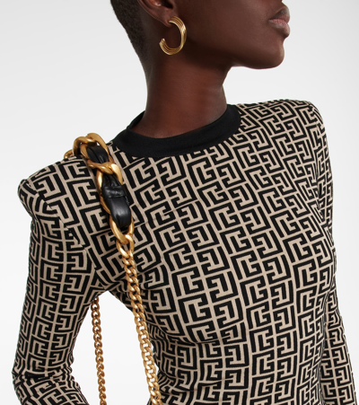 Shop Balmain Monogram Wool-blend Knit Minidress In Ivoire/noir